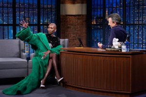 LATE NIGHT WITH SETH MEYERS -- Episode 1588 -- Pictured: (l-r) Actress Cynthia Erivo during an interview with host Seth Meyers on November 14, 2024  -- (Photo by: Lloyd Bishop/NBC)