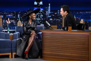 THE TONIGHT SHOW STARRING JIMMY FALLON -- Episode 2050 -- Pictured: (l-r) Actress Cynthia Erivo during an interview with host Jimmy Fallon on Wednesday, November 13, 2024 -- (Photo by: Todd Owyoung/NBC)