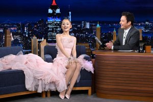 THE TONIGHT SHOW STARRING JIMMY FALLON -- Episode 2051 -- Pictured: (l-r) Actress & singer-songwriter Ariana Grande during an interview with host Jimmy Fallon on Thursday, November 14, 2024 -- (Photo by: Todd Owyoung/NBC)