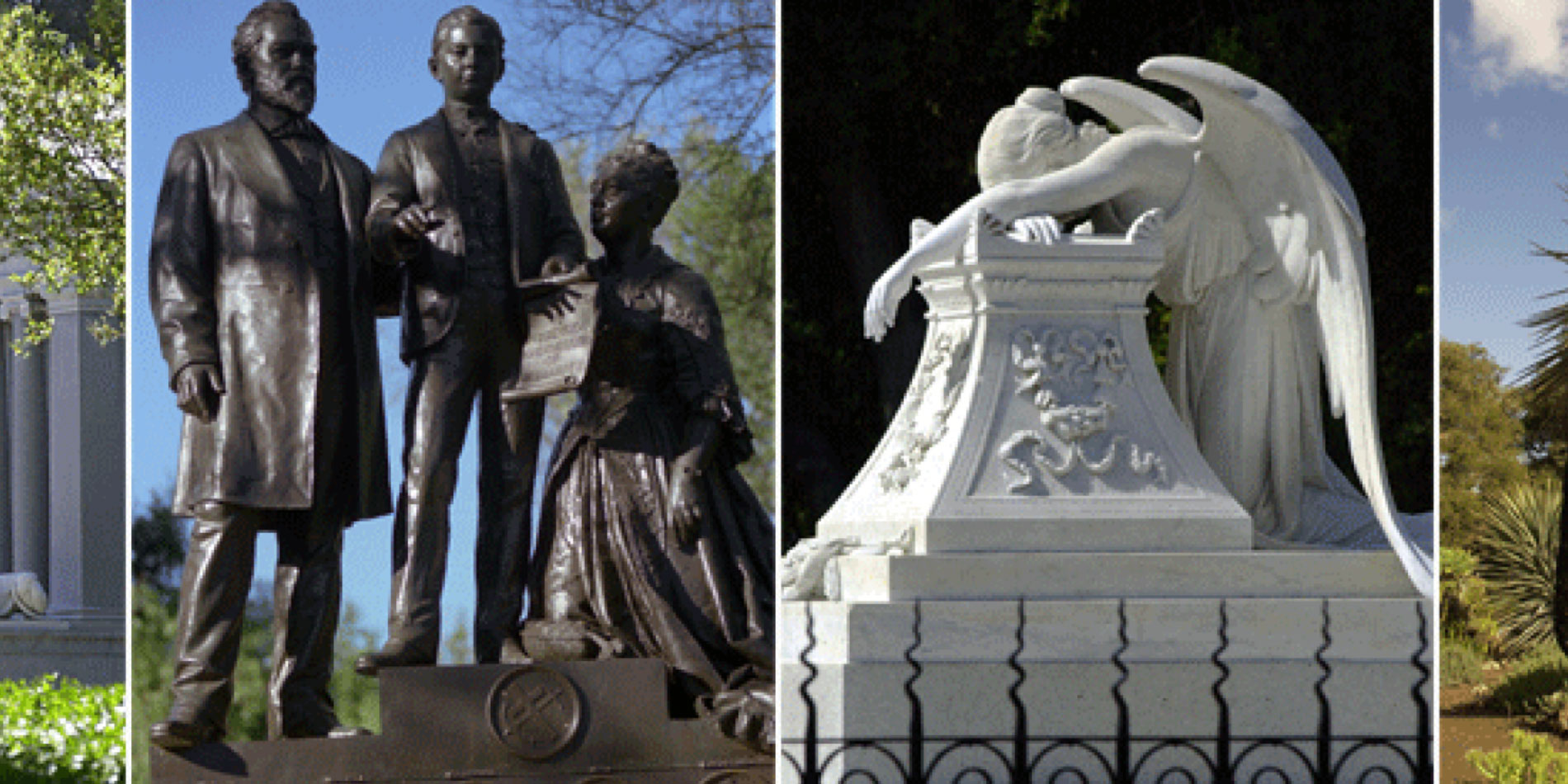 Composite of Stanford Family Mausoleum; the Stanford Family statue; the Angel of Grief; and the Arizona Cactus Garden