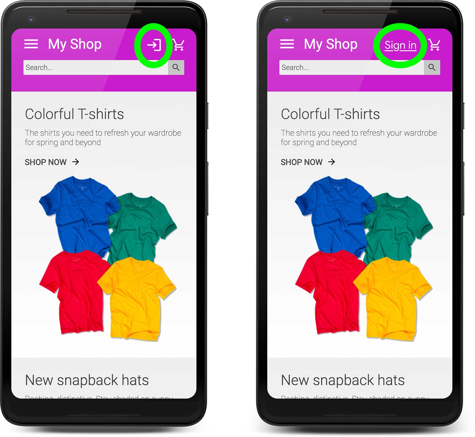 Dwa zrzuty ekranu przedstawiające przykładową witrynę e-commerce na telefonie z Androidem. Ta po lewej, z ikoną linku logowania, która jest nieco niejednoznaczna, a ta po prawej zawiera tylko napis „Zaloguj się”.