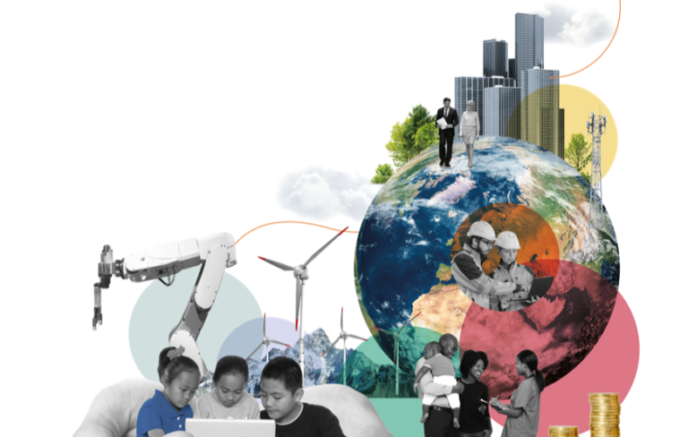 Collage with humans, robots, building, the earth globe, energy sources, representing mega trends for work, collaboration, and communication in the next 20 years