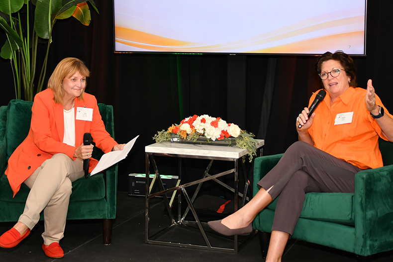 Pat Whitely, Ed.D. ’94, and Katie Meier held a fireside chat with an audience question-and-answer session at the Tampa Sprint to Our Centennial. Photo: Matt Nassif/University of Miami