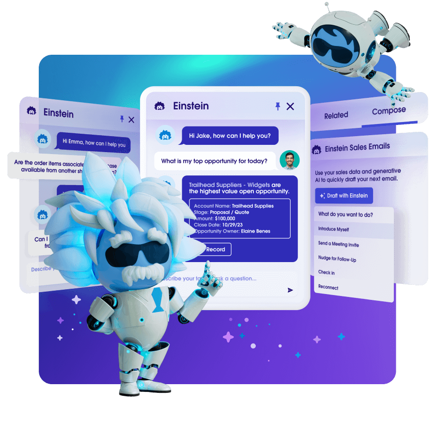 Image of Salesforce Einstein and Astro characters in front of product screenshots