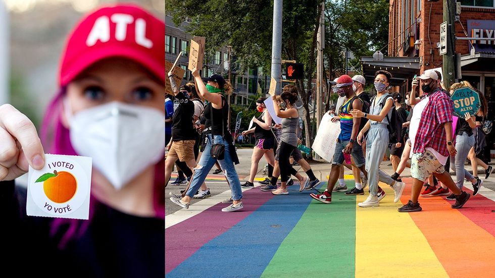 Georgia voter wearing mask and ATL hat holds I Voted sticker crowd marches across rainbow crosswalk LGBTQIA pride atlanta