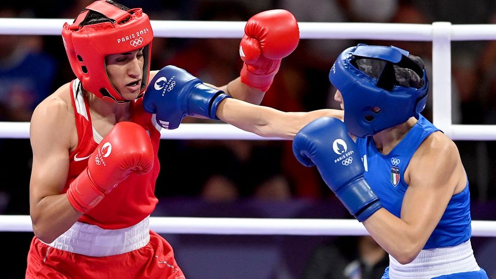 Olympic Games Paris 2024 boxing match Algeria Imane Khelif red Womens preliminary round against Angela Carini Italy blue