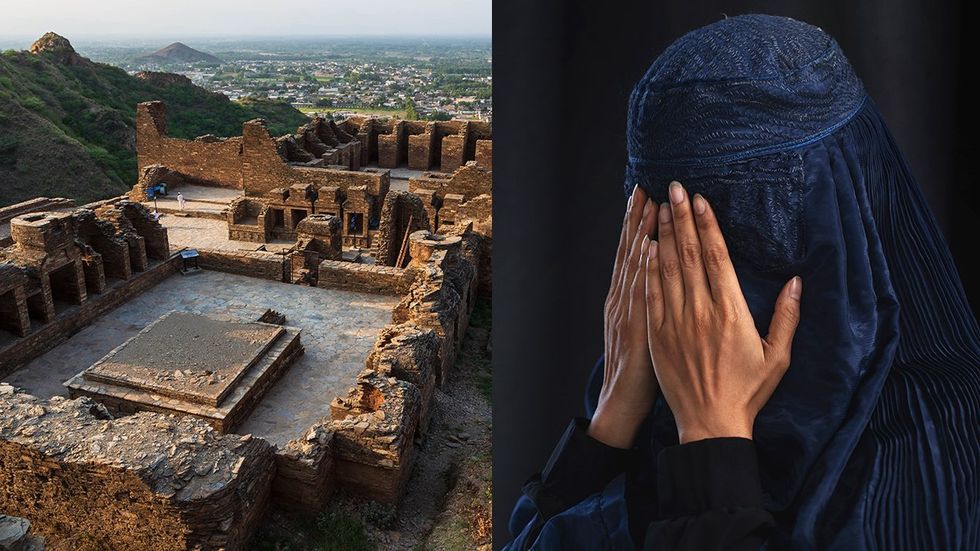 Pakistan Panoramic view of Mardan TakhtiBahi Throne of the Water Spring View of the Buddhist Monastery at sunset Arab female Muslim in traditional Burka or Burqa clothes in Afghanistan and West Pakistan praying to Allah hand over face