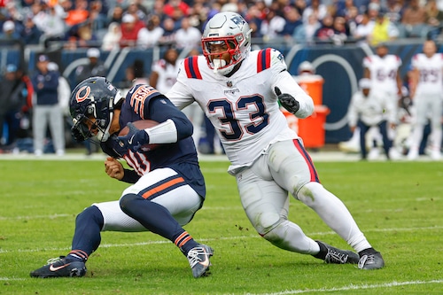 New England Patriots linebacker Anfernee Jennings sacks Chicago Bears quarterback Caleb Williams