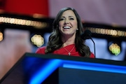 Sen. Katie Britt, R-AL., speaks during the Republican National Convention Monday, July 15, 2024, in Milwaukee. (AP Photo/Julia Nikhinson)