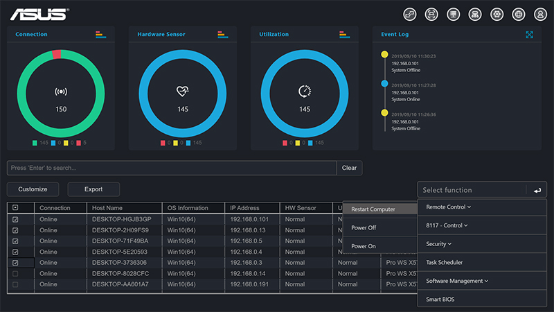 Dashboard UI of ASUS Control Center Express