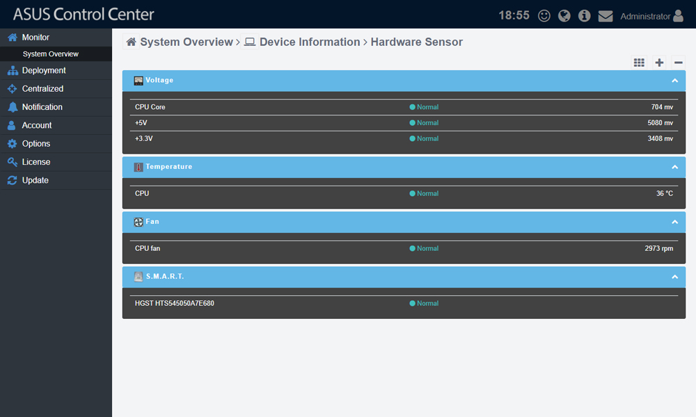 Dashboard UI of ASUS Control Center