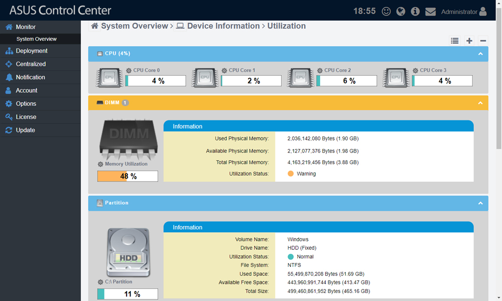 Dashboard UI of ASUS Control Center