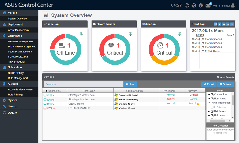 Dashboard UI of ASUS Control Center