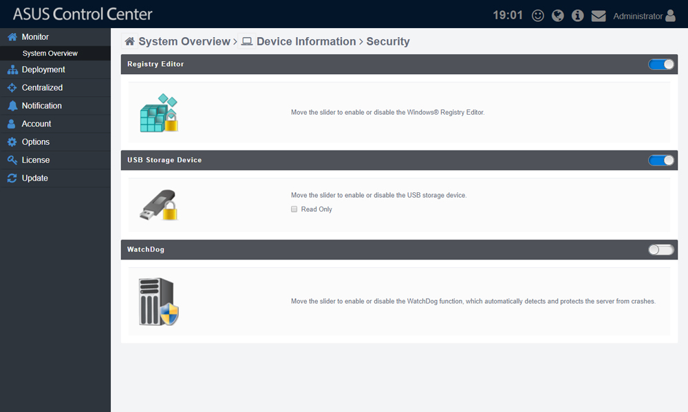 Security UI of ASUS Control Center