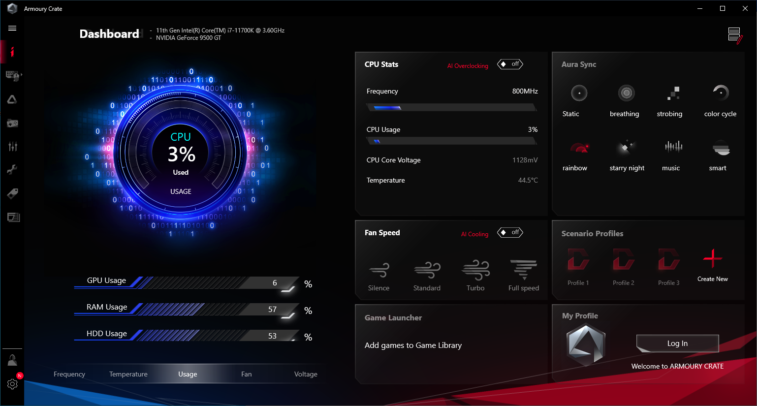 The user interface of ASUS Armoury Crate