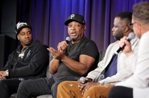 Benny The Butcher, Chuck D, and Tunji Balogun speak with Elliott Wilson at GRAMMY Week Label Spotlight Panel at GRAMMY Museum L.A. Live on January 30, 2024 in Los Angeles, California.