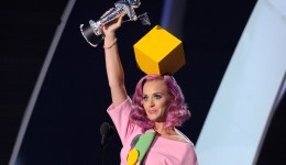 Katy Perry accepts award on stage at the The 28th Annual MTV Video Music Awards at Nokia Theatre L.A on August 28, 2011.