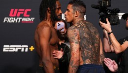 Neil Magny and Carlos Prates face off during the UFC Fight Night weigh-in at UFC APEX on Nov. 8, 2024 in Las Vegas, Nevada.