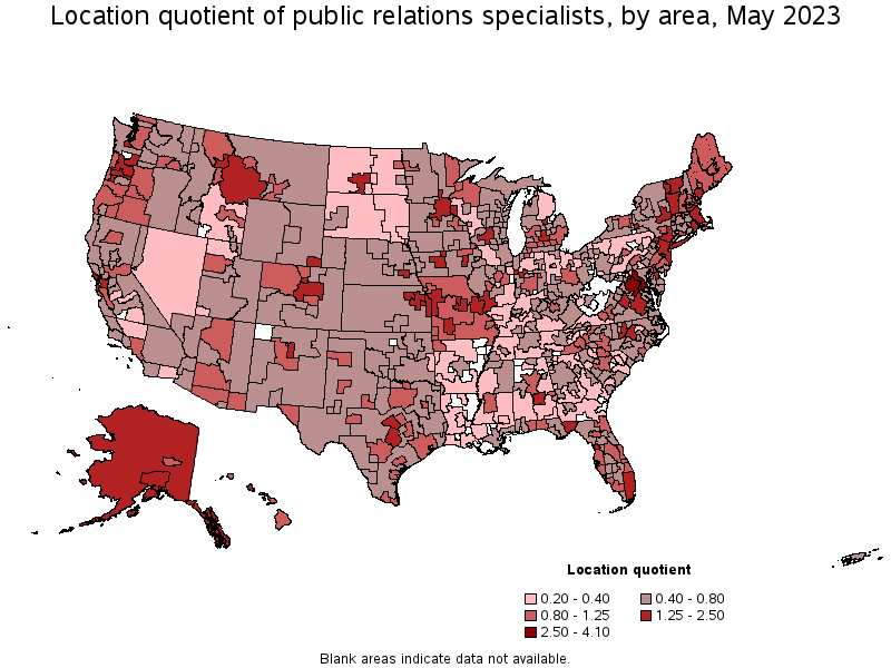 Map of location quotient of public relations specialists by area, May 2023