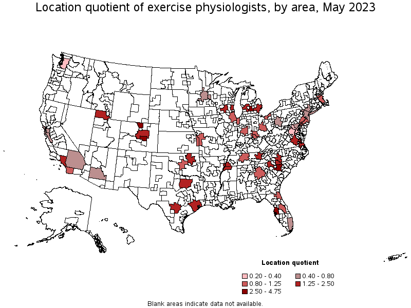 Map of location quotient of exercise physiologists by area, May 2023