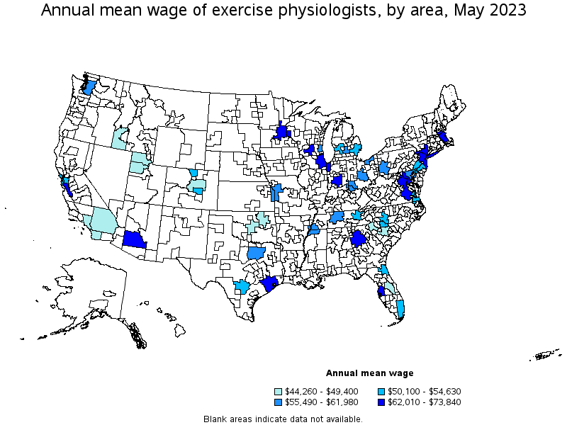 Map of annual mean wages of exercise physiologists by area, May 2023