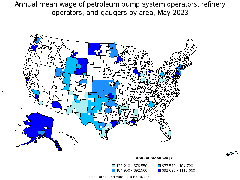 Map of annual mean wages of petroleum pump system operators, refinery operators, and gaugers by area, May 2023