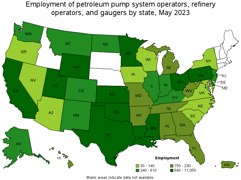 Map of employment of petroleum pump system operators, refinery operators, and gaugers by state, May 2023