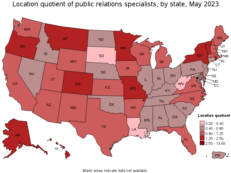 Map of location quotient of public relations specialists by state, May 2023