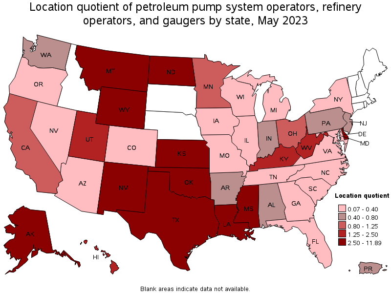 Map of location quotient of petroleum pump system operators, refinery operators, and gaugers by state, May 2023