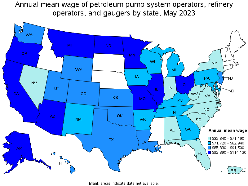 Map of annual mean wages of petroleum pump system operators, refinery operators, and gaugers by state, May 2023