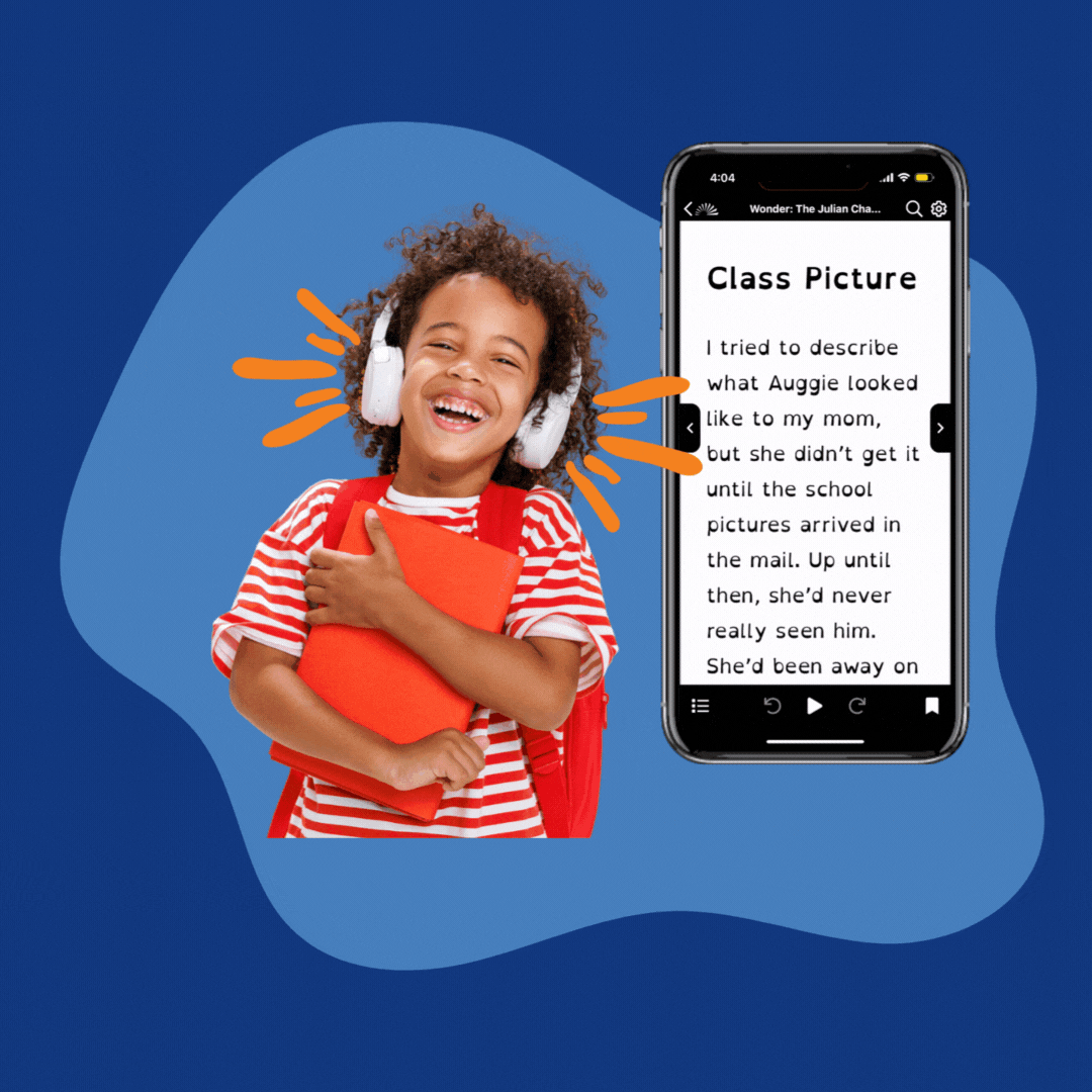 Smiling boy listens to headphones next to a smartphone showing a book being read with word highlighting