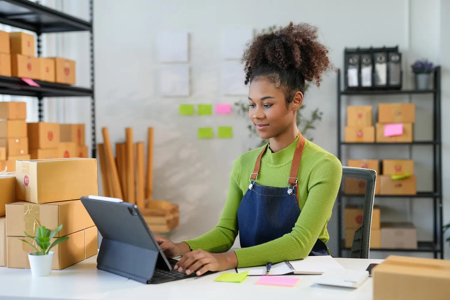 Confident black woman entrepreneur manages small business from home office, preparing packages for delivery with laptop. Thriving black woman-owned online store embodies success and happiness