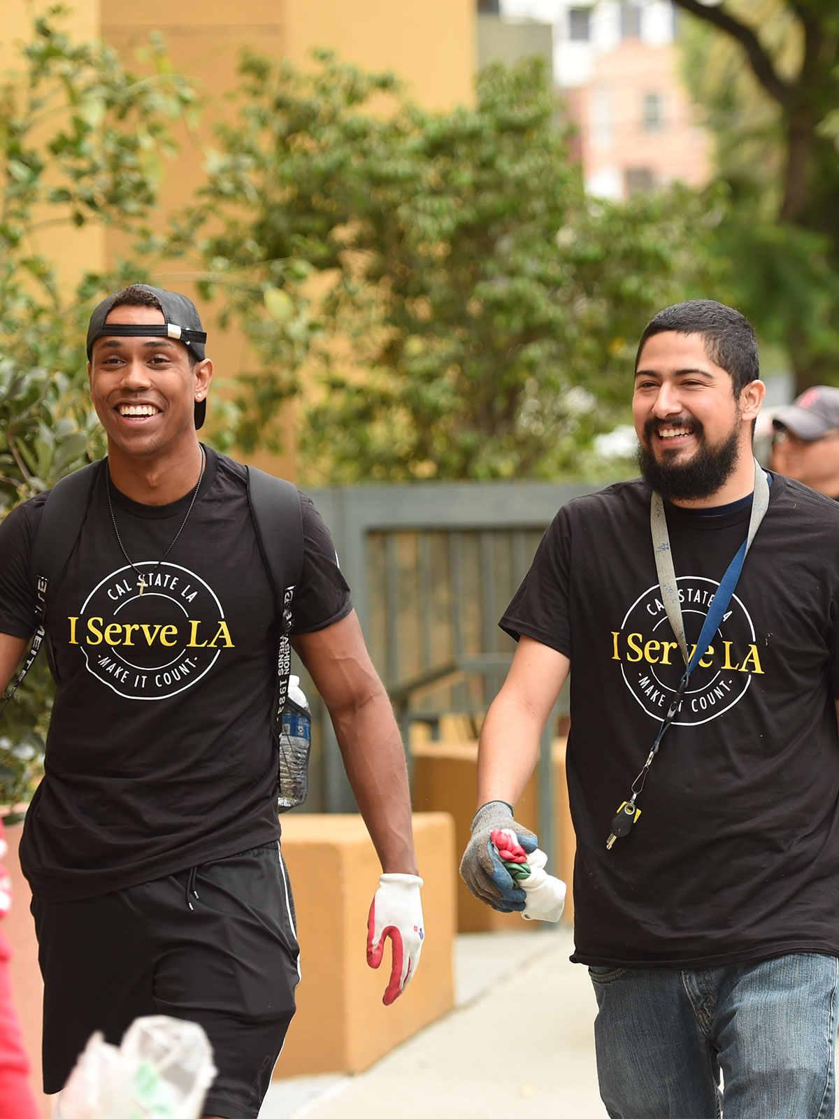 Two Cal State L.A. students walking together.