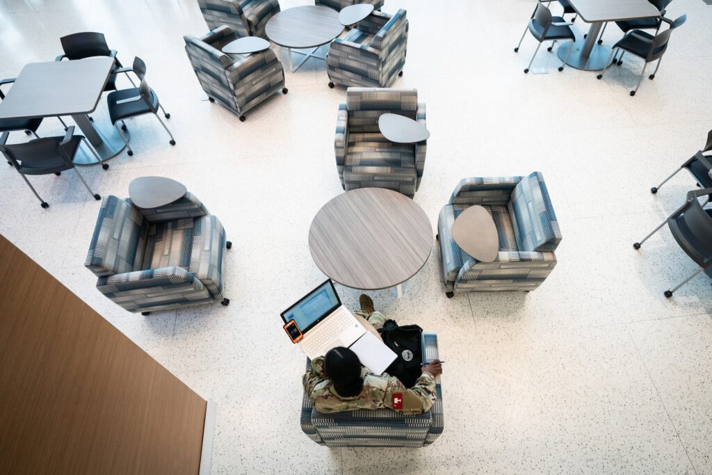 Cadets in Bastin Hall lounge from above