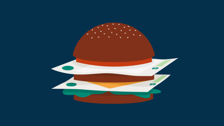 A double-billing burger, with two invoices layered among the other burger toppings.