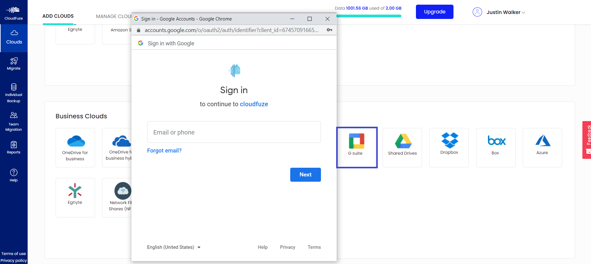 Enter Google workspace credentials