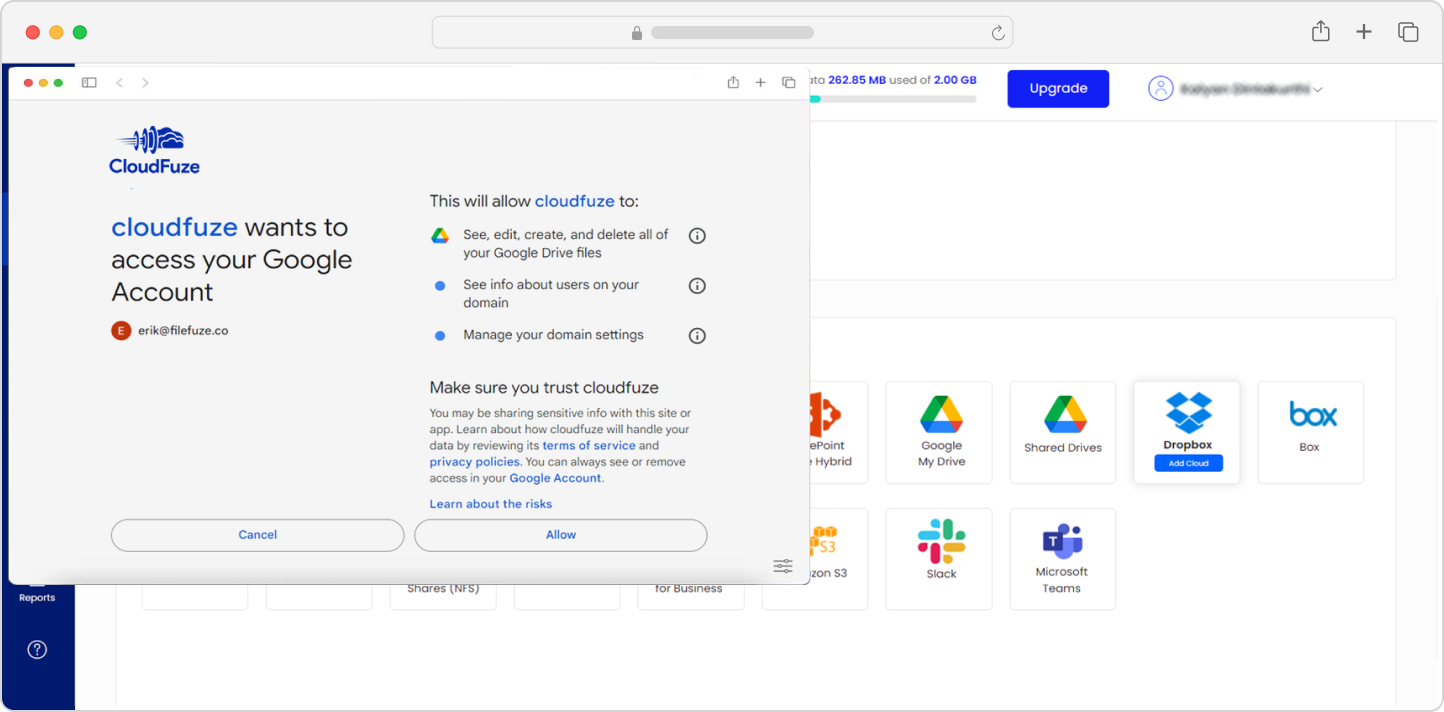 Enter Google Drive credentials