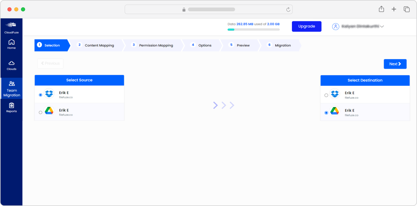 Choosing source and destination clouds