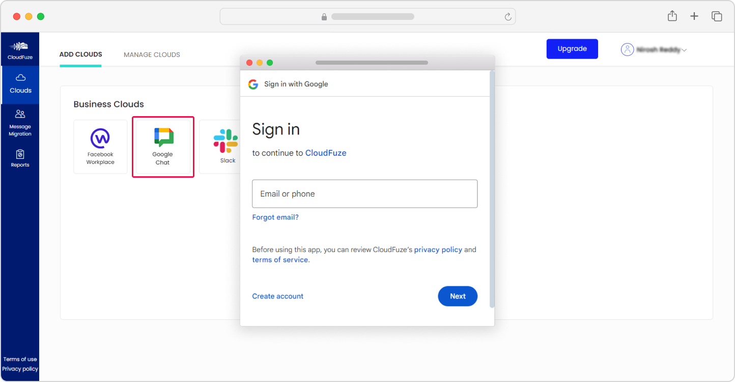 Adding the Google Chat cloud to CloudFuze’s migration webapp