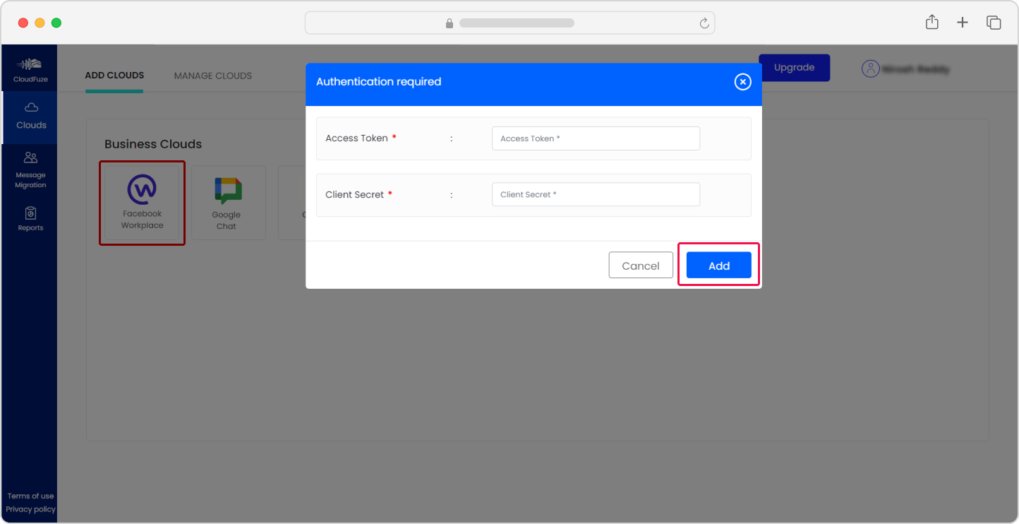 Adding the Meta Workplace cloud to CloudFuze’s migration webapp