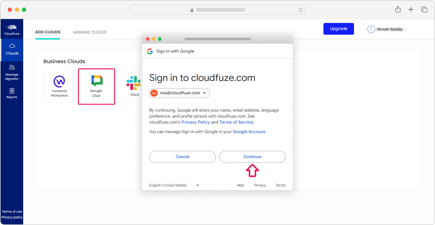 Authenticating the Google Chat cloud to CloudFuze’s migration webapp