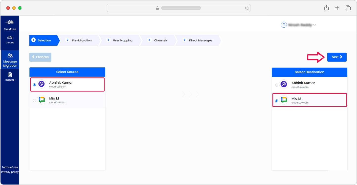 Source and Destination cloud configuration