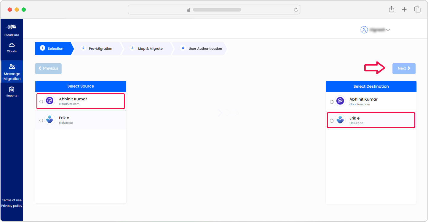 Source and destination clouds configuration