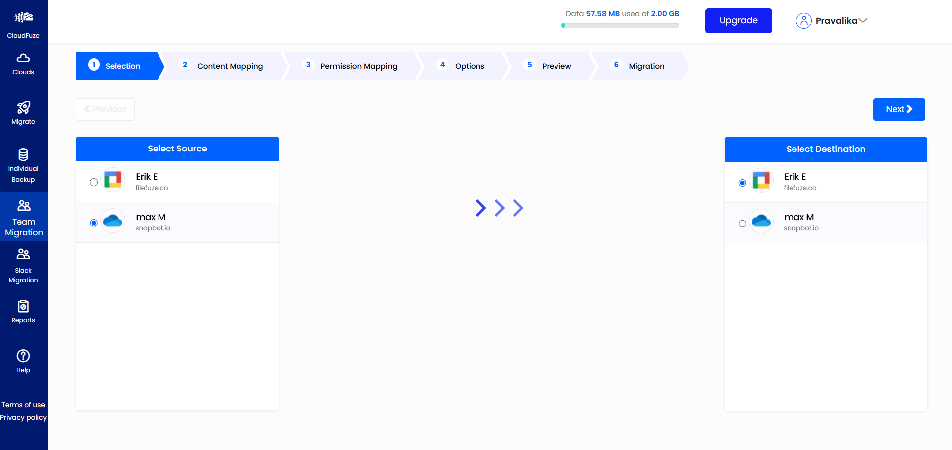 Source and destination clouds configuration