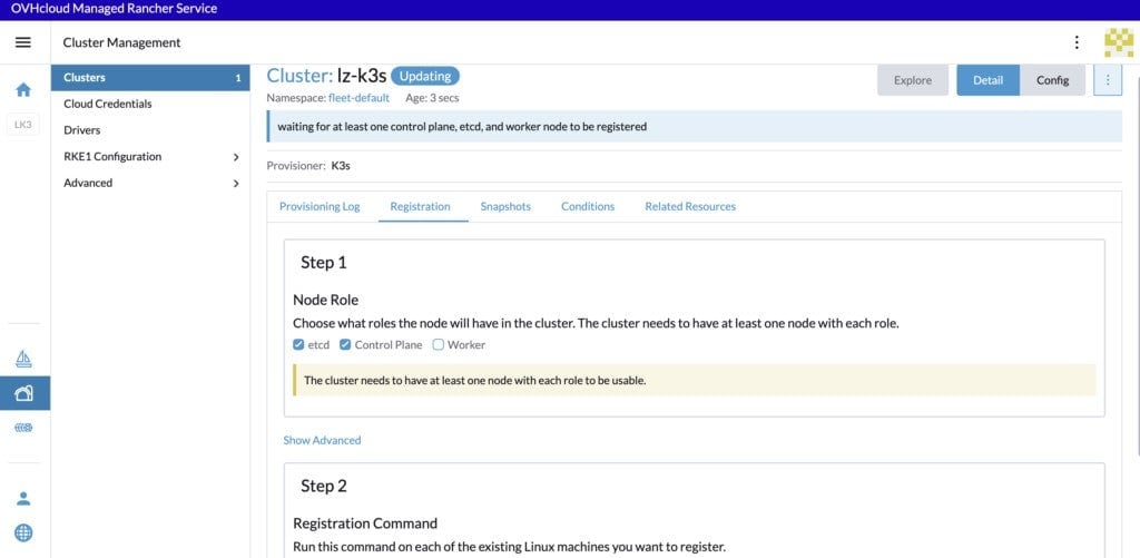 Screenshot showing Cluster Management page highlighted on Cluster:lz-k3s > Step 1 > Check on etcd, and Control Plane