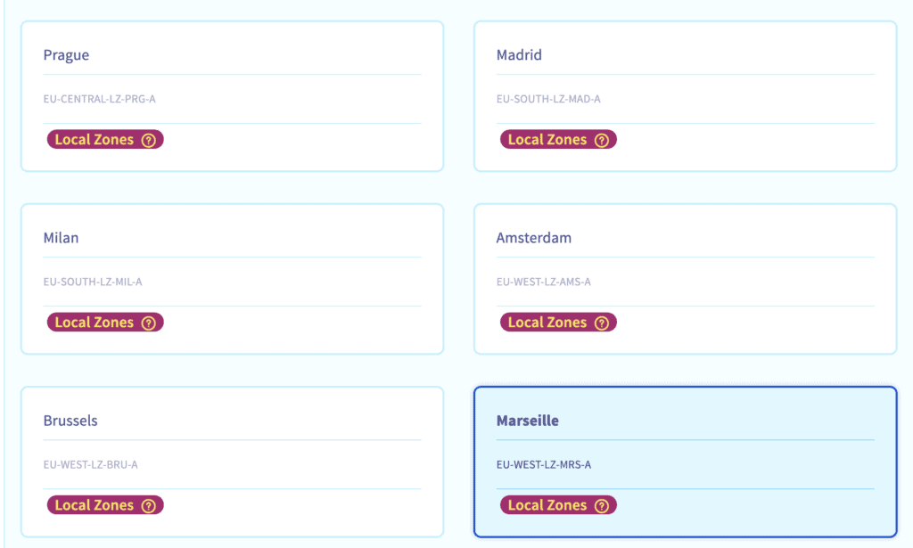 Screenshot showing local zone options, highlighted on Marseille EU-WEST-LZ-MRS-A