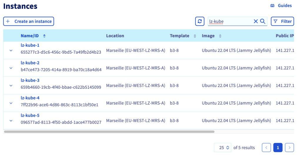 Screenshot showing instances of lz-kube