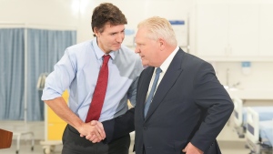 Prime Minister Justin Trudeau and Ontario Premier Doug Ford attend an announcement at Seneca College, in King City, Ont., Friday, Feb. 9, 2024. THE CANADIAN PRESS/Chris Young 