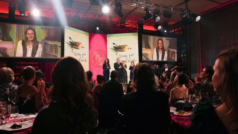 Sarah Bernstein appears on screen after winning the Scotiabank Giller Prize for her novel 'Study For Obedience' in Toronto, on Monday, November 13, 2023.  THE CANADIAN PRESS/Chris Young