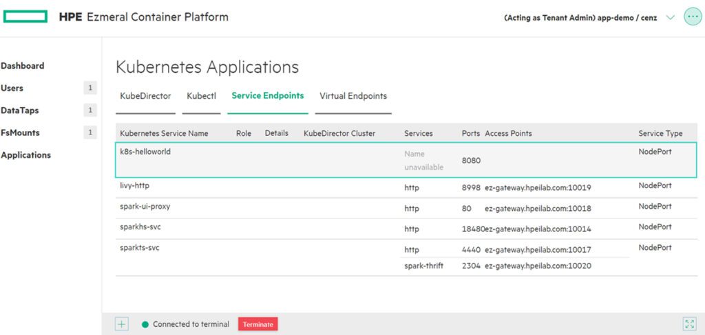 The HPE Ezmeral interface.